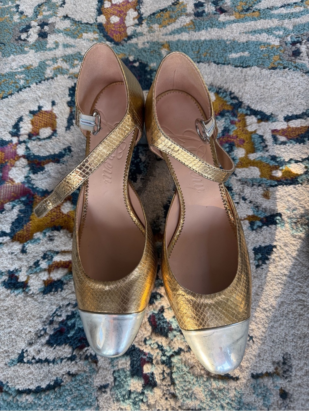 J. Crew Gold Metallic Mary Jane Pumps with Silver Cap Toe - Picture 3 of 3